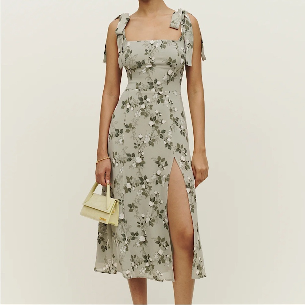 Reformation Twilight Dress Verde Green Floral Tie Midi Dress